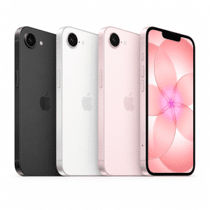הדמיית iPhone 17e במבט קדמי ואחורי על רקע לבן