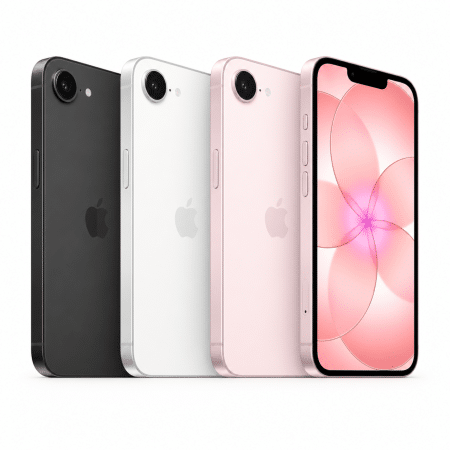 הדמיית iPhone 17e במבט קדמי ואחורי על רקע לבן